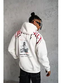 Erkek 3 İplik Pamuklu Baskılı Kapüşonlu Cepli Sweatshirt Hoodie - Beyaz