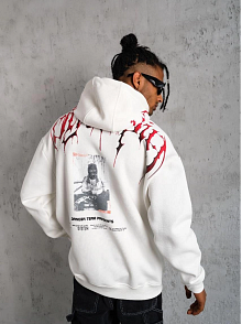 Erkek 3 İplik Pamuklu Baskılı Kapüşonlu Cepli Sweatshirt Hoodie - Beyaz