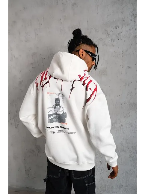 Erkek 3 İplik Pamuklu Baskılı Kapüşonlu Cepli Sweatshirt Hoodie - Beyaz