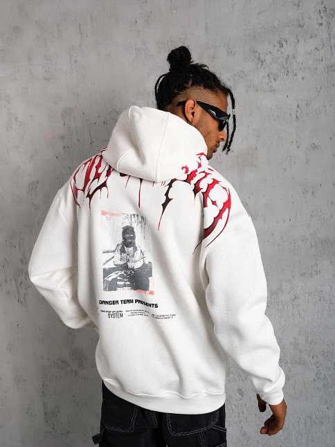 Erkek 3 İplik Pamuklu Baskılı Kapüşonlu Cepli Sweatshirt Hoodie - Beyaz