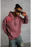 Erkek 3 İplik Pamuklu Baskılı Kapüşonlu Cepli Sweatshirt Hoodie - Gül Kurusu