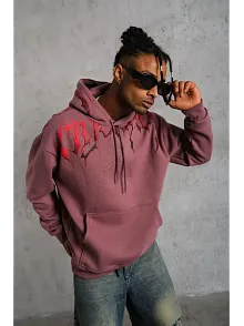 Erkek 3 İplik Pamuklu Baskılı Kapüşonlu Cepli Sweatshirt Hoodie - Gül Kurusu