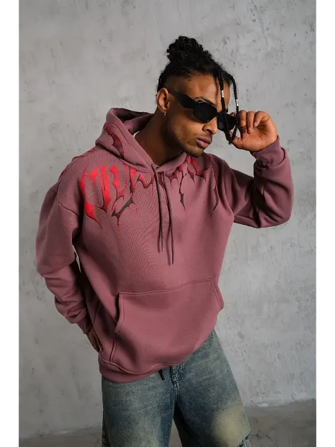 Erkek 3 İplik Pamuklu Baskılı Kapüşonlu Cepli Sweatshirt Hoodie - Gül Kurusu