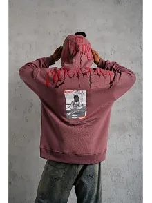 Erkek 3 İplik Pamuklu Baskılı Kapüşonlu Cepli Sweatshirt Hoodie - Gül Kurusu