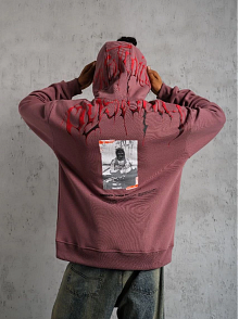 Erkek 3 İplik Pamuklu Baskılı Kapüşonlu Cepli Sweatshirt Hoodie - Gül Kurusu