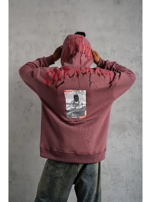 Erkek 3 İplik Pamuklu Baskılı Kapüşonlu Cepli Sweatshirt Hoodie - Gül Kurusu