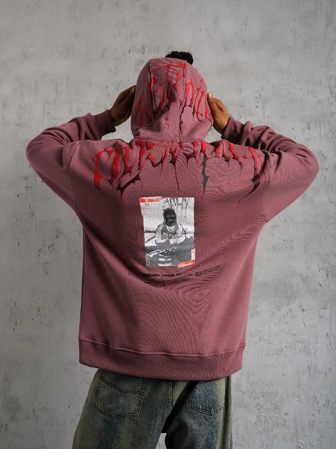 Erkek 3 İplik Pamuklu Baskılı Kapüşonlu Cepli Sweatshirt Hoodie - Gül Kurusu