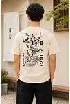 Erkek Ön Ve Arka Tokyo Kuş Çiçek Baskılı Oversize T-shirt - Ekru