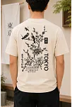 Erkek Ön Ve Arka Tokyo Kuş Çiçek Baskılı Oversize T-shirt - Ekru