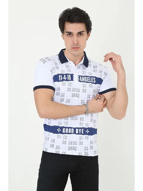Erkek Polo Yaka Tişört Slim Fit Baskılı Kısa Kol T-shirt - Beyaz