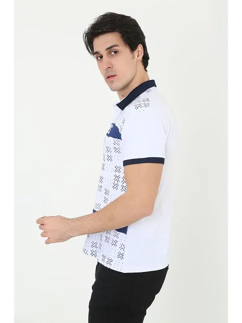Erkek Polo Yaka Tişört Slim Fit Baskılı Kısa Kol T-shirt - Beyaz