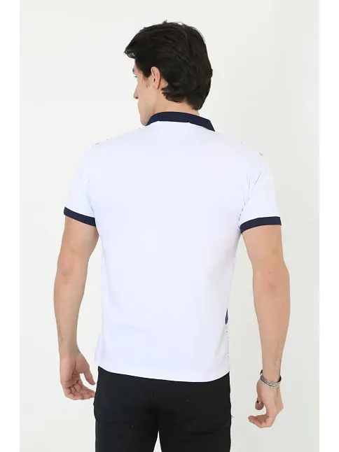 Erkek Polo Yaka Tişört Slim Fit Baskılı Kısa Kol T-shirt - Beyaz