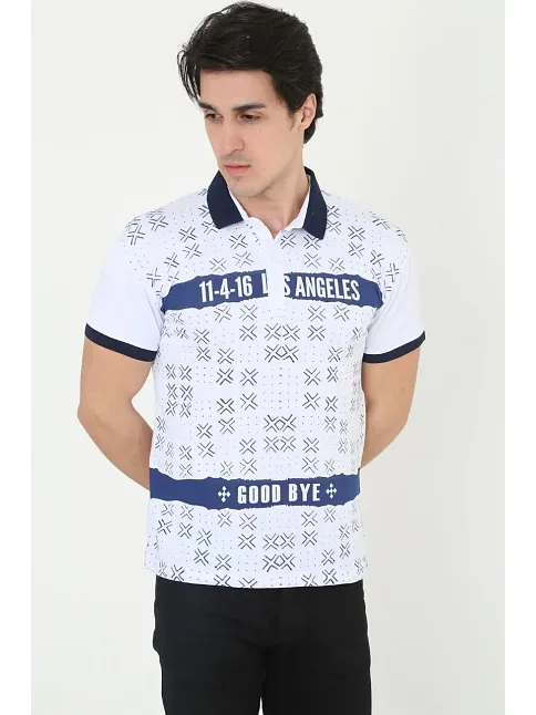 Erkek Polo Yaka Tişört Slim Fit Baskılı Kısa Kol T-shirt - Beyaz