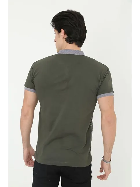 Erkek Polo Yaka Tişört Slim Fit Baskılı Kısa Kol T-shirt - Haki