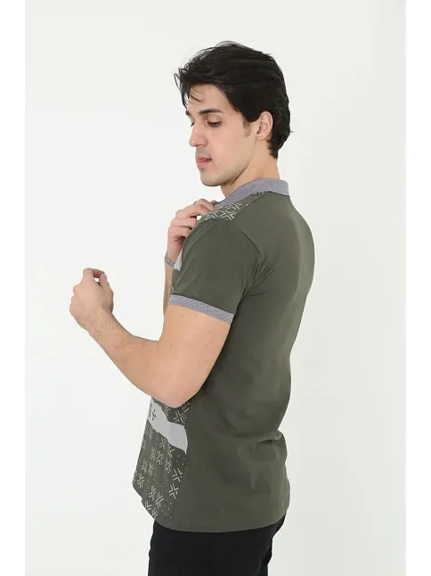 Erkek Polo Yaka Tişört Slim Fit Baskılı Kısa Kol T-shirt - Haki