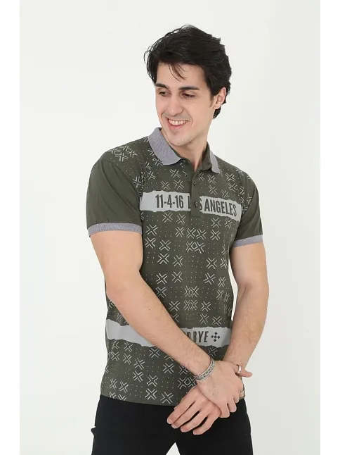 Erkek Polo Yaka Tişört Slim Fit Baskılı Kısa Kol T-shirt - Haki