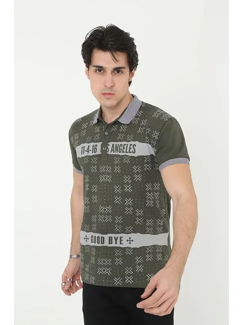 Erkek Polo Yaka Tişört Slim Fit Baskılı Kısa Kol T-shirt - Haki