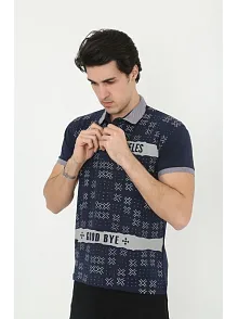 Erkek Polo Yaka  Tişört Slim Fit Baskılı Kısa Kol T-shirt - Lacivert
