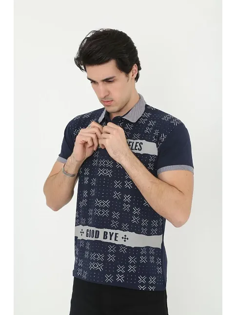 Erkek Polo Yaka  Tişört Slim Fit Baskılı Kısa Kol T-shirt - Lacivert