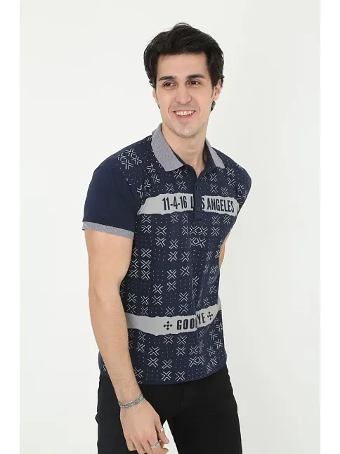 Erkek Polo Yaka  Tişört Slim Fit Baskılı Kısa Kol T-shirt - Lacivert