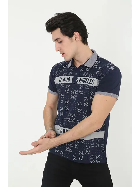 Erkek Polo Yaka  Tişört Slim Fit Baskılı Kısa Kol T-shirt - Lacivert