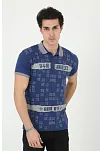 Erkek Polo Yaka Tişört Slim Fit Baskılı Kısa Kol T-shirt - Mavi