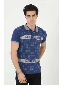Erkek Polo Yaka Tişört Slim Fit Baskılı Kısa Kol T-shirt - Mavi