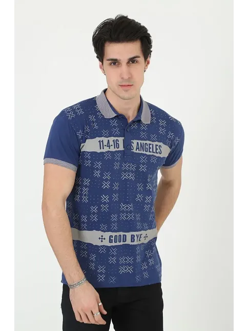 Erkek Polo Yaka Tişört Slim Fit Baskılı Kısa Kol T-shirt - Mavi