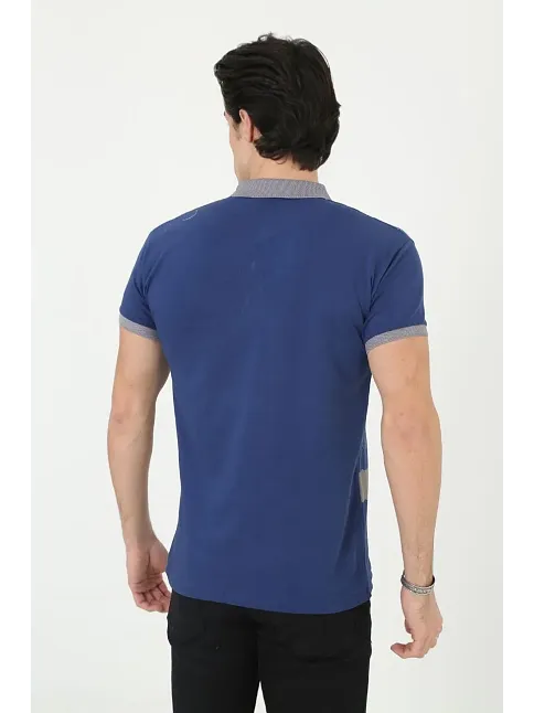 Erkek Polo Yaka Tişört Slim Fit Baskılı Kısa Kol T-shirt - Mavi