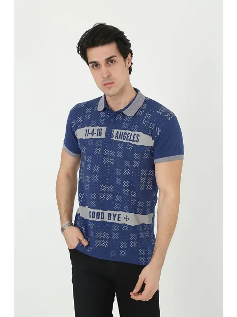 Erkek Polo Yaka Tişört Slim Fit Baskılı Kısa Kol T-shirt - Mavi