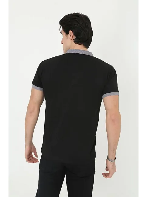 Erkek Polo Yaka Tişört Slim Fit Baskılı Kısa Kol T-shirt - Siyah