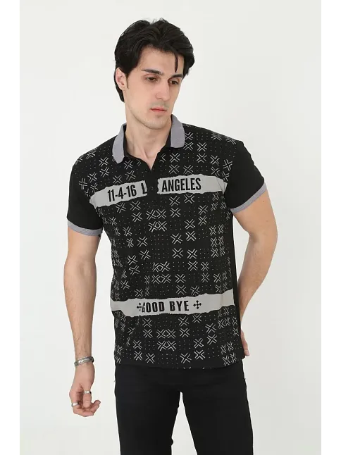 Erkek Polo Yaka Tişört Slim Fit Baskılı Kısa Kol T-shirt - Siyah