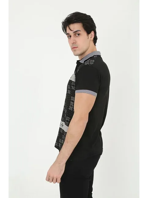 Erkek Polo Yaka Tişört Slim Fit Baskılı Kısa Kol T-shirt - Siyah