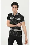 Erkek Polo Yaka Tişört Slim Fit Baskılı Kısa Kol T-shirt - Siyah