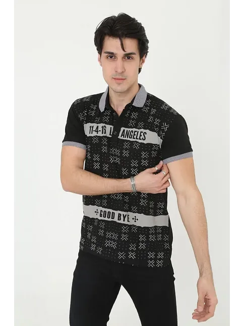 Erkek Polo Yaka Tişört Slim Fit Baskılı Kısa Kol T-shirt - Siyah