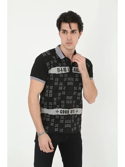 Erkek Polo Yaka Tişört Slim Fit Baskılı Kısa Kol T-shirt - Siyah