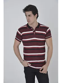 Erkek Polo Yaka Tişört Slim Fit Dokuma Çizgili Kısa Kol T-shirt - Bordo