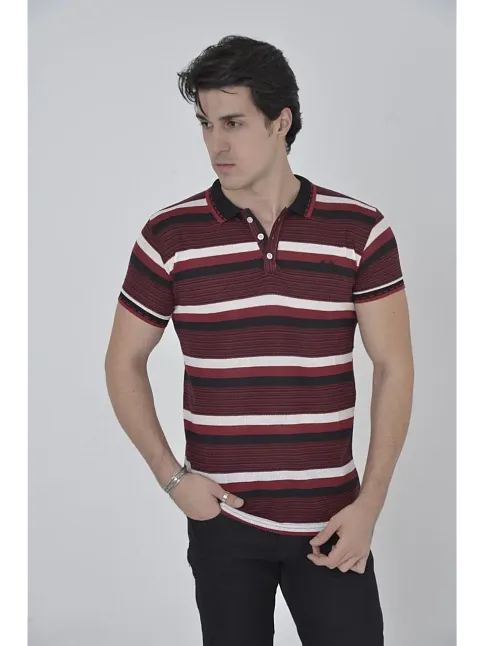 Erkek Polo Yaka Tişört Slim Fit Dokuma Çizgili Kısa Kol T-shirt - Bordo