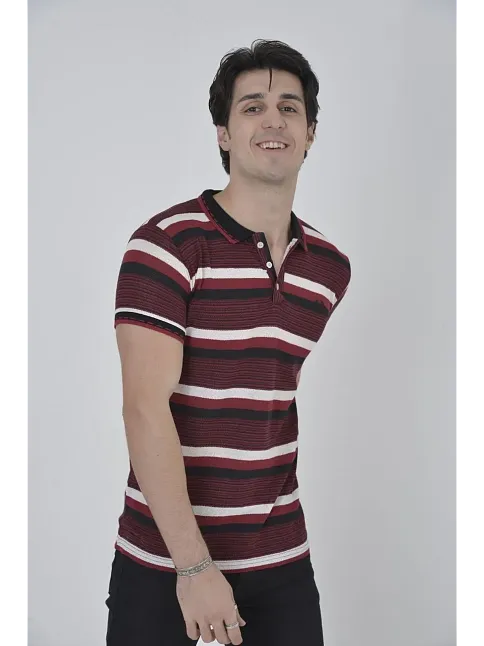 Erkek Polo Yaka Tişört Slim Fit Dokuma Çizgili Kısa Kol T-shirt - Bordo