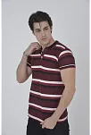 Erkek Polo Yaka Tişört Slim Fit Dokuma Çizgili Kısa Kol T-shirt - Bordo