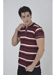 Erkek Polo Yaka Tişört Slim Fit Dokuma Çizgili Kısa Kol T-shirt - Bordo