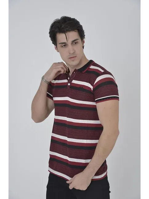 Erkek Polo Yaka Tişört Slim Fit Dokuma Çizgili Kısa Kol T-shirt - Bordo