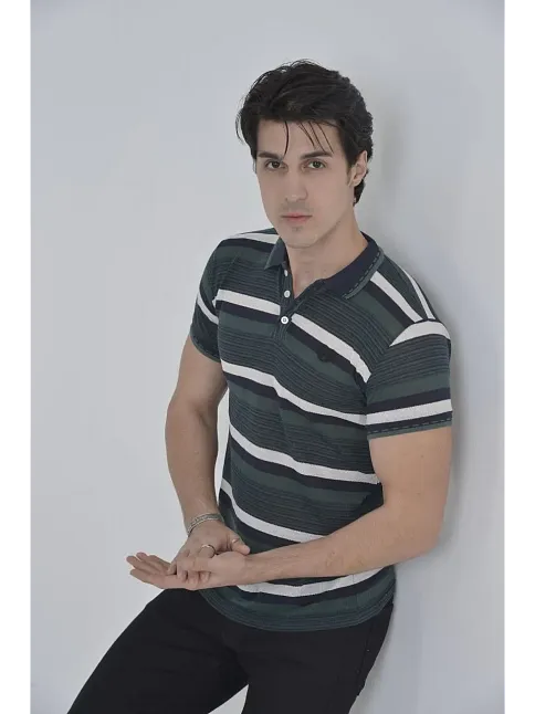 Erkek Polo Yaka Tişört Slim Fit Dokuma Çizgili  Kısa Kol T-shirt - Haki