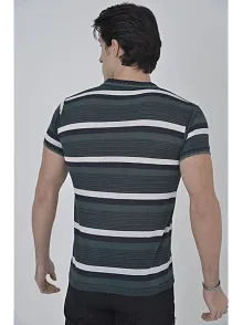 Erkek Polo Yaka Tişört Slim Fit Dokuma Çizgili  Kısa Kol T-shirt - Haki
