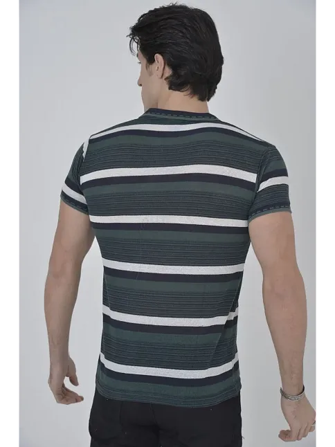 Erkek Polo Yaka Tişört Slim Fit Dokuma Çizgili  Kısa Kol T-shirt - Haki