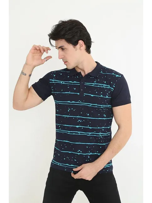 Erkek Polo Yaka Tişört Slim Fit Pike Çizgili  Kısa Kol T-shirt - Lacivert