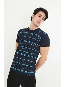 Erkek Polo Yaka Tişört Slim Fit Pike Çizgili  Kısa Kol T-shirt - Lacivert