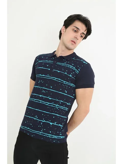 Erkek Polo Yaka Tişört Slim Fit Pike Çizgili  Kısa Kol T-shirt - Lacivert