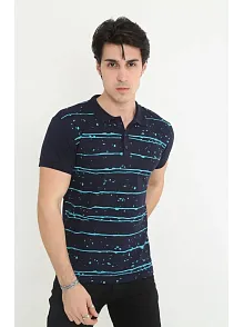 Erkek Polo Yaka Tişört Slim Fit Pike Çizgili  Kısa Kol T-shirt - Lacivert