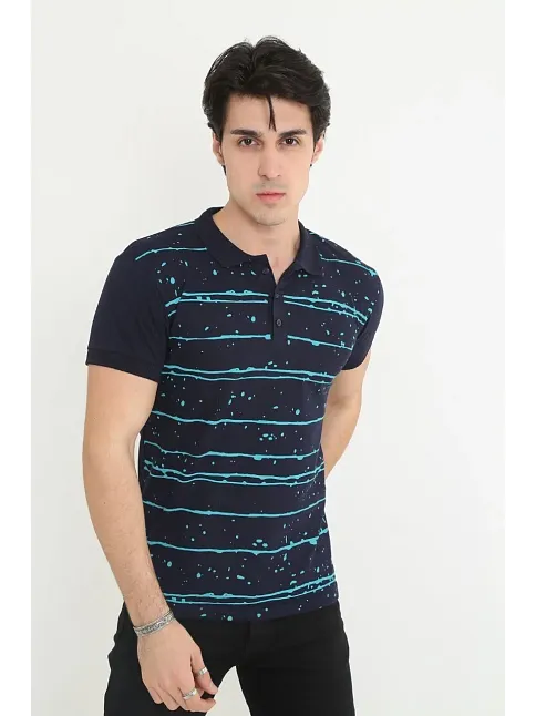 Erkek Polo Yaka Tişört Slim Fit Pike Çizgili  Kısa Kol T-shirt - Lacivert
